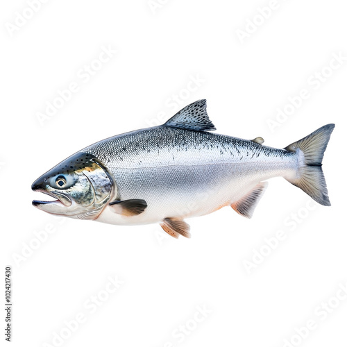 Flying salmon fillet, isolated on a white background, adding a playful and dynamic touch. PNG