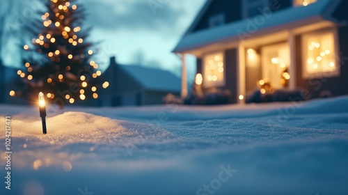 A festive outdoor scene with a snowy front yard, Christmas lights, and a glowing tree inside the house, creating a warm holiday vibe