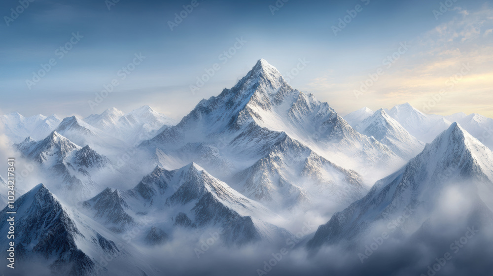Naklejka premium Majestic snowy mountain range with peaks rising above clouds, creating breathtaking landscape. serene atmosphere evokes sense of tranquility and awe