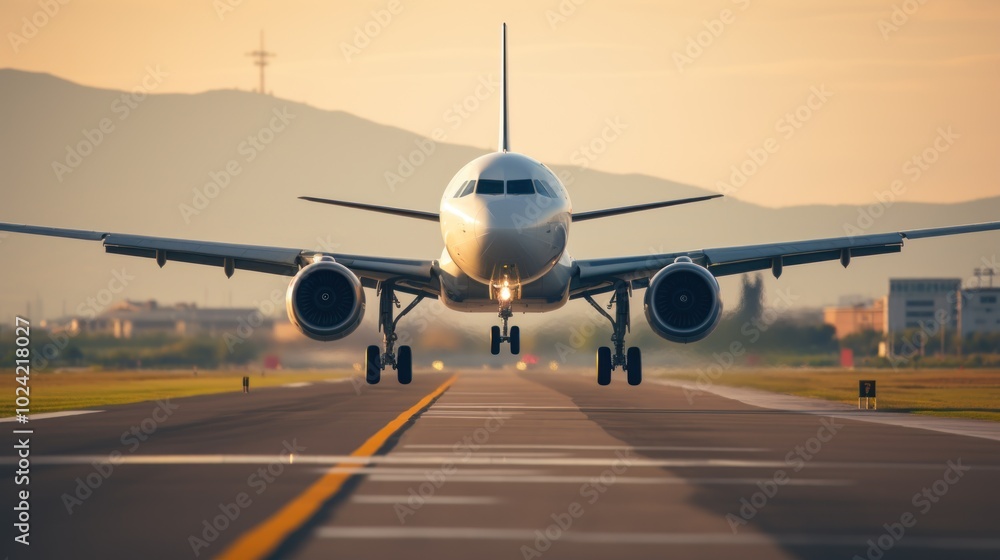 Modern Plane Landing at Sunset on Airport Runway Modern Plane Landing at Sunset on Airport Runway