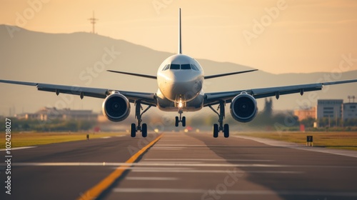 Modern Plane Landing at Sunset on Airport Runway