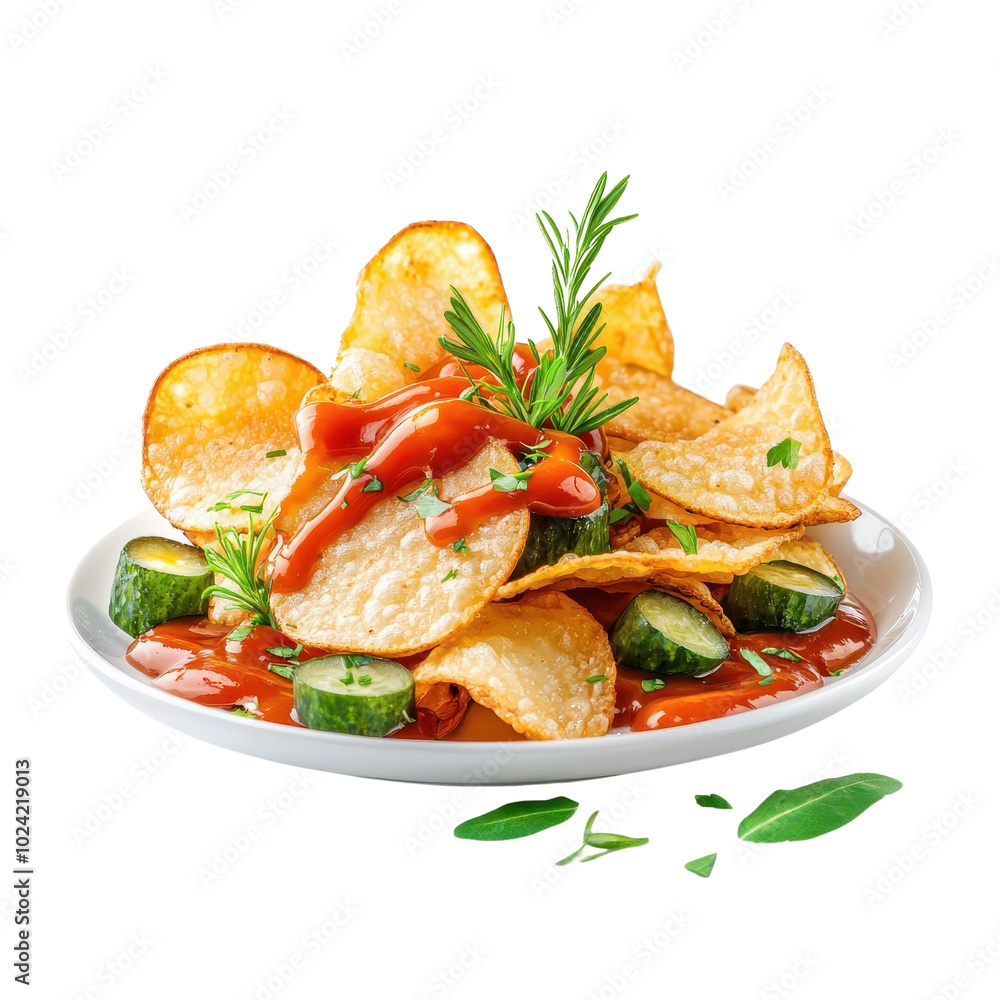Oozing sauce over crisps, isolated on a white background, tempting and mouth-watering appearance. PNG Oozing sauce over crisps, isolated on a white background, tempting and mouth-watering appearance. PNG