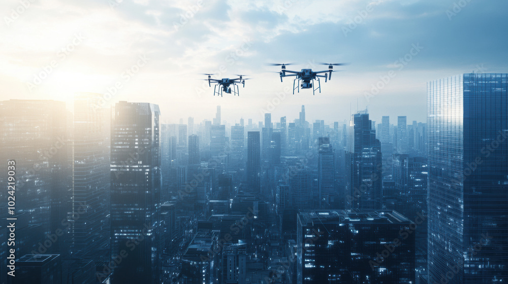Futuristic city skyline with drones flying between skyscrapers, showcasing advanced technology and urban life. scene evokes sense of innovation and modernity Futuristic city skyline with drones flying between skyscrapers, showcasing advanced technology and urban life. scene evokes sense of innovation and modernity