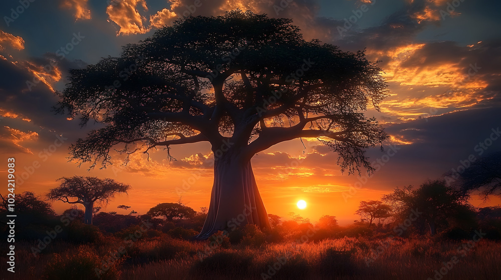 Fototapeta premium baobab tree and sunset
