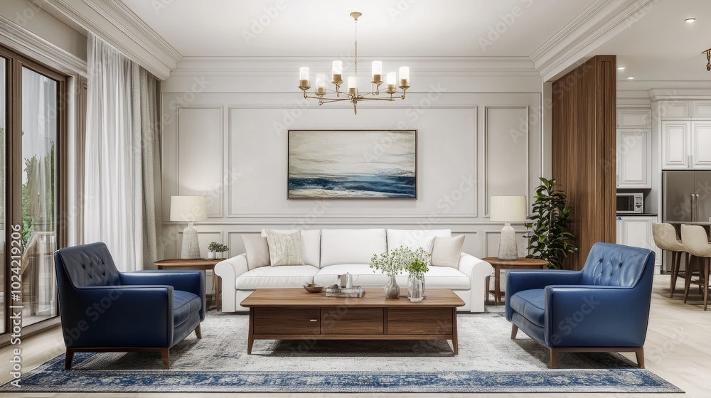 Stylish living room featuring a white sofa, blue leather chairs, and a wooden coffee table, showcasing mid-century modern design in a contemporary home. Stylish living room featuring a white sofa, blue leather chairs, and a wooden coffee table, showcasing mid-century modern design in a contemporary home.