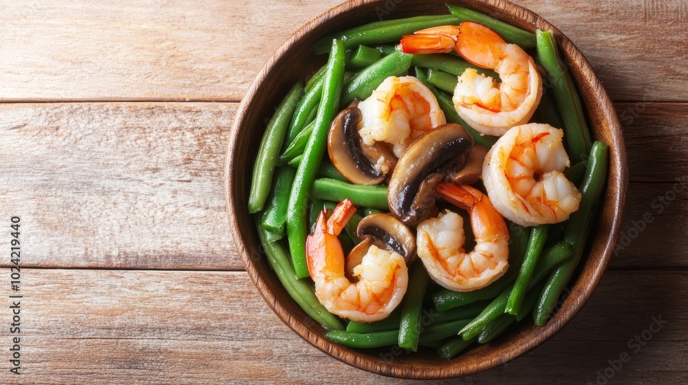 A wooden bowl filled with a delicious meal of sauteed shrimp, green beans, and mushrooms. A wooden bowl filled with a delicious meal of sauteed shrimp, green beans, and mushrooms.
