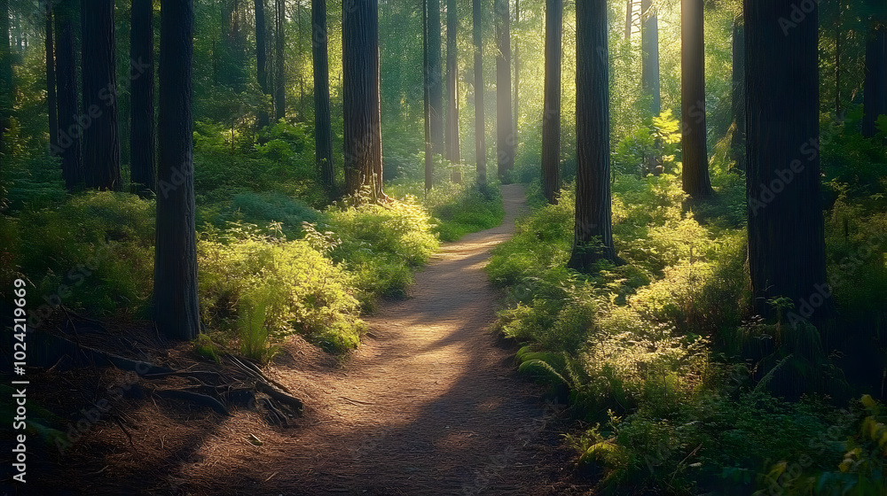 Fototapeta premium Nature trail and hiking path in forest. Forest scene with hiking path, straight trail through forest
