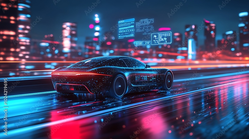 Futuristic self-driving car on a sleek highway, holographic data displays floating above showing speed, navigation, and road safety, neon-lit city skyline in the distance, smooth metallic reflections, Futuristic self-driving car on a sleek highway, holographic data displays floating above showing speed, navigation, and road safety, neon-lit city skyline in the distance, smooth metallic reflections,