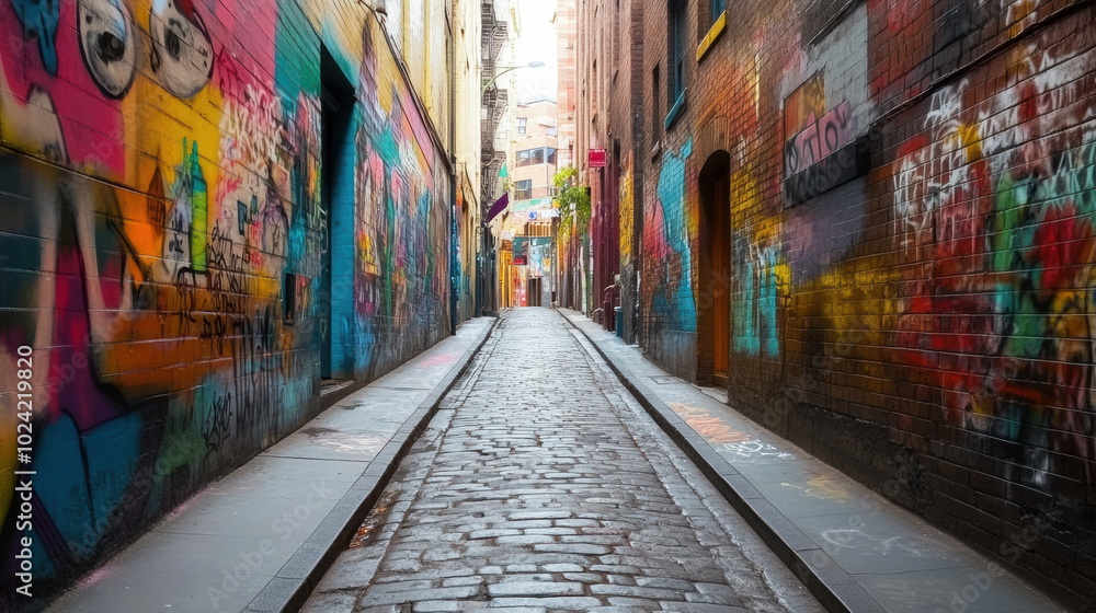 Fototapeta premium vibrant graffiti covered wall in urban alley showcases colorful street art, creating lively atmosphere. cobblestone path invites exploration and adds charm to scene