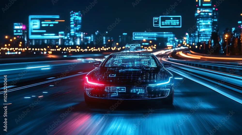 Futuristic self-driving car on a technology-enhanced highway, augmented reality displays floating around, showing navigation, speed, and safety alerts, high-tech city skyline with neon lights. Futuristic self-driving car on a technology-enhanced highway, augmented reality displays floating around, showing navigation, speed, and safety alerts, high-tech city skyline with neon lights.
