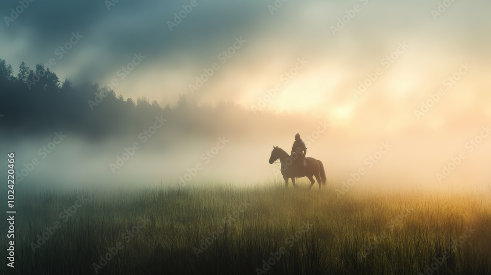 knight in shining armor rides horse through misty landscape at dawn, creating serene and mystical atmosphere. soft light enhances beauty of scene knight in shining armor rides horse through misty landscape at dawn, creating serene and mystical atmosphere. soft light enhances beauty of scene