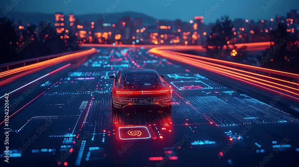 High-tech autonomous vehicle on a nighttime highway, interactive data icons showing speed, AI navigation, and road safety, modern cityscape glowing in the background, cinematic perspective, High-tech autonomous vehicle on a nighttime highway, interactive data icons showing speed, AI navigation, and road safety, modern cityscape glowing in the background, cinematic perspective,