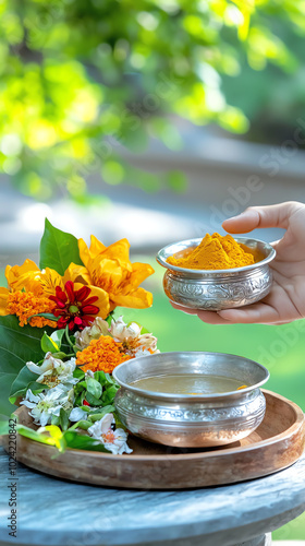 A side view of a priest offering haldi turmeric and chandan sandalwood paste to the deity as part of the ritual