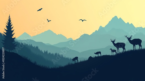 Silhouettes of deer against a mountain landscape with birds flying above at sunset, creating a tranquil and serene wildlife scene.