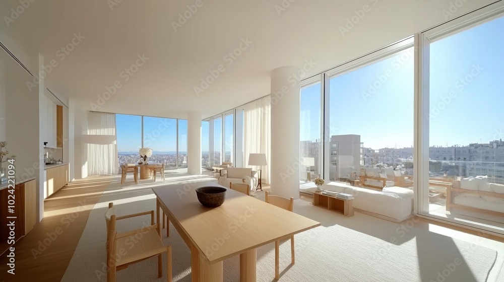 Modern interior with large windows offering city views and minimalistic furniture. Modern interior with large windows offering city views and minimalistic furniture.