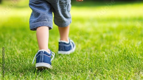 Child Walking on Green Grass in Summer Sunshine