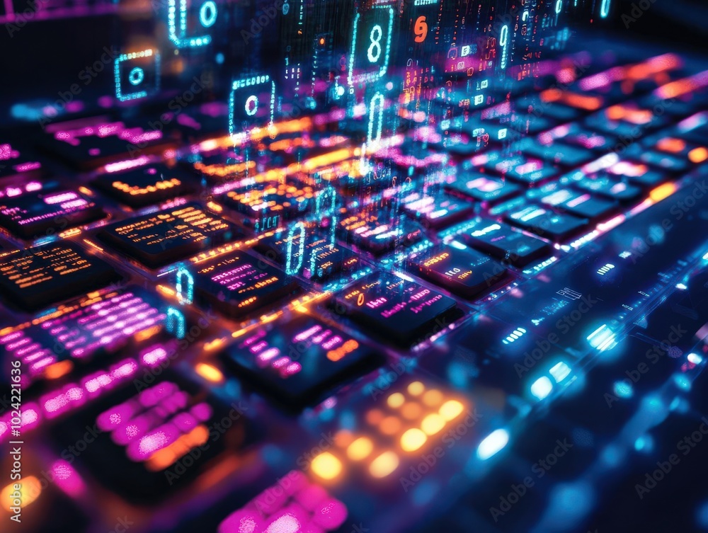 Detailed close-up of a digital keyboard covered in vibrant code snippets, with holographic numbers and symbols floating above, representing a virtual coding challenge Detailed close-up of a digital keyboard covered in vibrant code snippets, with holographic numbers and symbols floating above, representing a virtual coding challenge