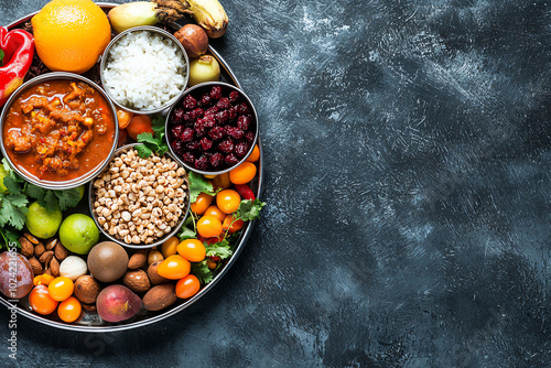 A top view of a traditional thali filled with prasad, fruits, and offerings being placed before the deity photo