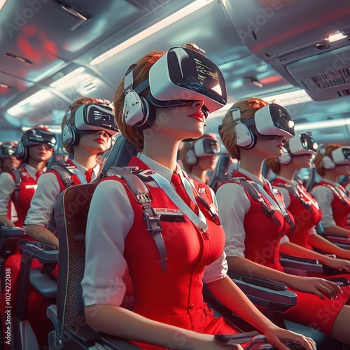 A vivid, dynamic scene of Flight attendants in VR training, captured in meticulous detail in a photorealistic digital art style photo