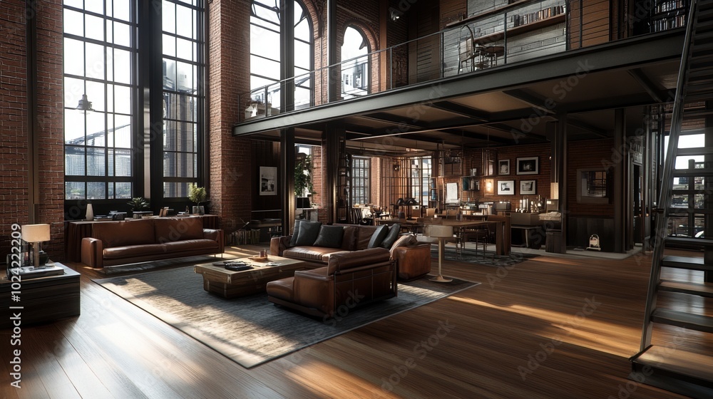 Spacious modern loft with large windows and stylish interior design. Spacious modern loft with large windows and stylish interior design.