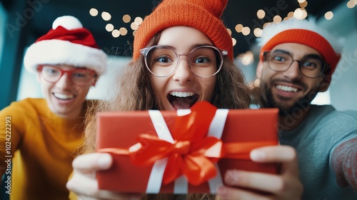 Joyful friends celebrating Christmas with gifts and festive hats. photo