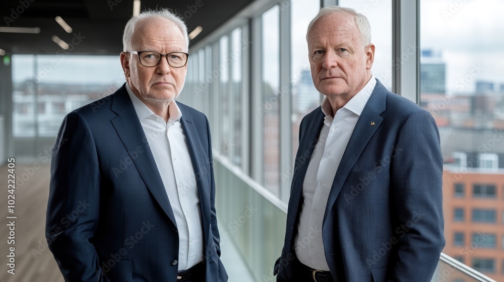Fototapeta premium Two business professionals posing in a modern office environment.