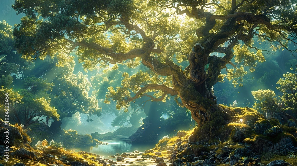 Enchanted Forest Landscape: Sunlight Through Trees and Stream Enchanted Forest Landscape: Sunlight Through Trees and Stream