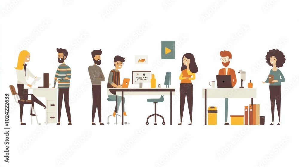 Flat design office people vector set, featuring diverse characters working together in a modern workspace Flat design office people vector set, featuring diverse characters working together in a modern workspace