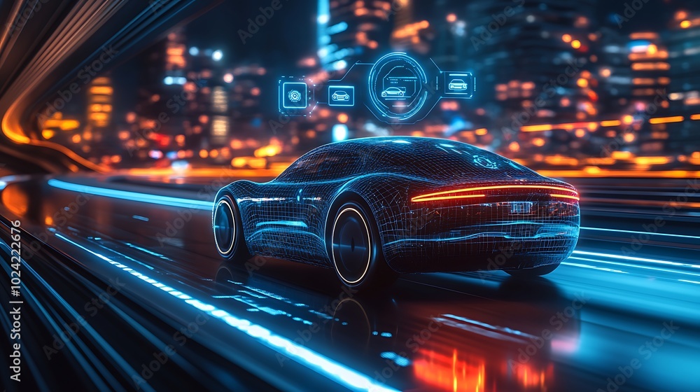 High-tech self-driving electric car on a smart highway, holographic icons hovering above showing navigation, vehicle status, and AI safety alerts, dynamic futuristic cityscape in the background, High-tech self-driving electric car on a smart highway, holographic icons hovering above showing navigation, vehicle status, and AI safety alerts, dynamic futuristic cityscape in the background,