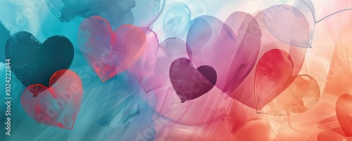 A digital illustration of abstract heart shapes in various shades and sizes, set against an artistic background with soft gradients and a sense of movement.