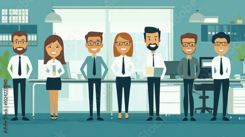 Flat design vector of office characters, featuring a dynamic and inclusive work environment with diverse staff