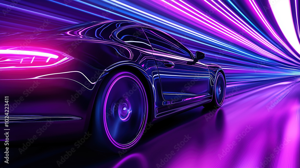 sleek car speeds through vibrant tunnel of neon lights, creating dynamic and futuristic atmosphere. interplay of purple and blue hues enhances sense of motion and excitement sleek car speeds through vibrant tunnel of neon lights, creating dynamic and futuristic atmosphere. interplay of purple and blue hues enhances sense of motion and excitement