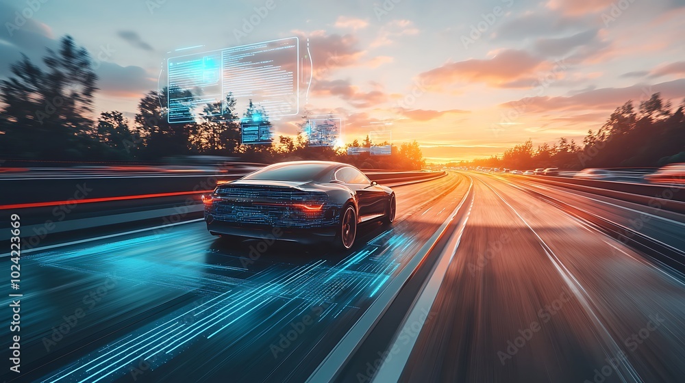 Modern self-driving car on a sleek highway at dawn, holographic data icons hovering above displaying speed, vehicle status, and traffic conditions, warm sunlight breaking through, Modern self-driving car on a sleek highway at dawn, holographic data icons hovering above displaying speed, vehicle status, and traffic conditions, warm sunlight breaking through,