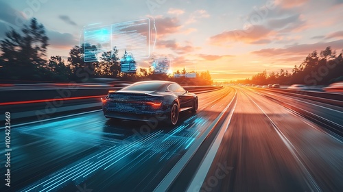 Obraz na płótnie Modern self-driving car on a sleek highway at dawn, holographic data icons hovering above displaying speed, vehicle status, and traffic conditions, warm sunlight breaking through, w salonie