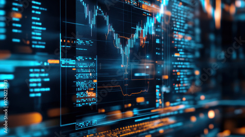 Futuristic trading terminal displaying glitching data and stock market trends, showcasing vibrant blue and orange colors. digital interface reflects advanced technology and market analysis