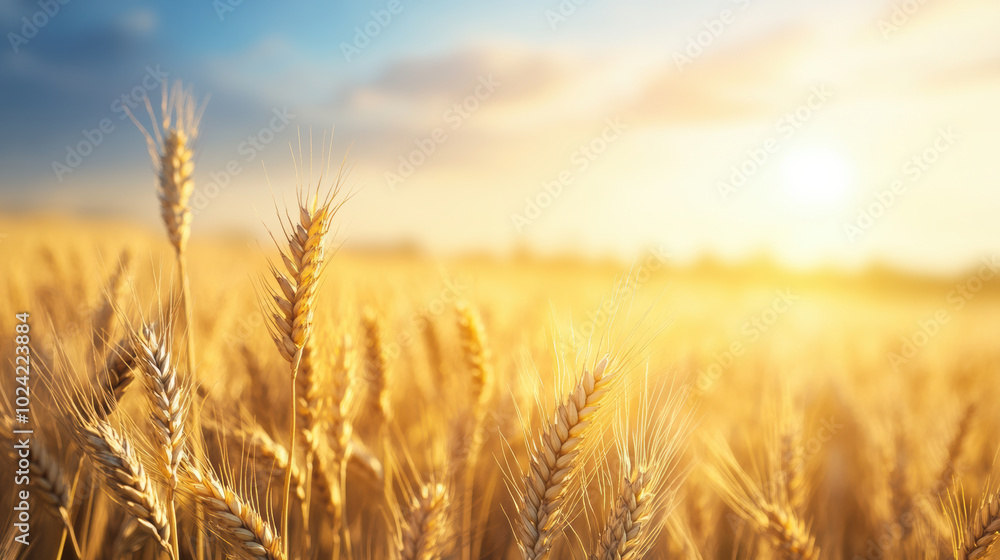 Golden wheat fields sway gently in wind under warm sunset, creating serene and peaceful atmosphere. golden hues reflect beauty of natures bounty Golden wheat fields sway gently in wind under warm sunset, creating serene and peaceful atmosphere. golden hues reflect beauty of natures bounty