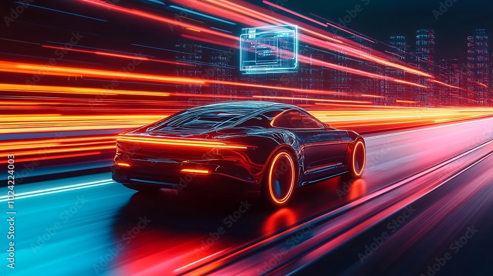 Modern self-driving car on a sleek tech-enhanced highway, holographic data floating above showing navigation, speed, and safety features, advanced city glowing in neon lights, dynamic lighting, Modern self-driving car on a sleek tech-enhanced highway, holographic data floating above showing navigation, speed, and safety features, advanced city glowing in neon lights, dynamic lighting,