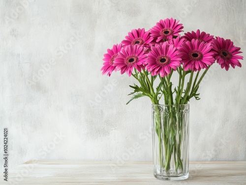 2408 8.An aesthetically pleasing arrangement featuring a light wooden table in a soft beige hue, topped with a clear vase of vibrant pink daisies. The backdrop of a white concrete wall enhances the