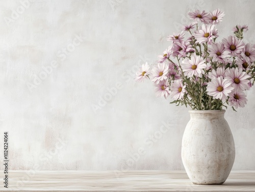 Wallpaper Mural 2408 10.A tranquil floral arrangement featuring a minimalist wooden beige table, home to a delicate vase of pink daisies. The background consists of a pristine white concrete wall, adding a modern Torontodigital.ca