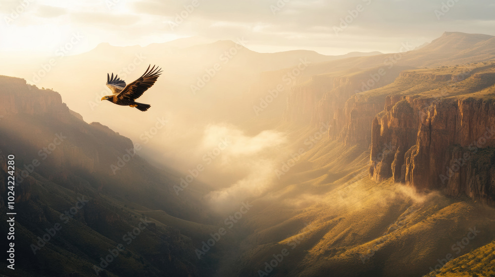 Majestic eagle soaring over canyon with mist rising, capturing beauty of nature and freedom of flight. serene landscape evokes sense of wonder and tranquility Majestic eagle soaring over canyon with mist rising, capturing beauty of nature and freedom of flight. serene landscape evokes sense of wonder and tranquility