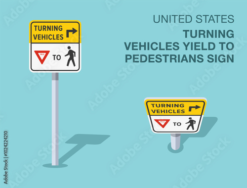 Traffic regulation rules. Isolated United States "turning vehicles yield to pedestrians" road sign. Front and top view. Flat vector illustration template.