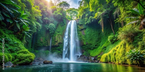 Tranquil waterfall surrounded by lush tropical greenery, worm's eye view