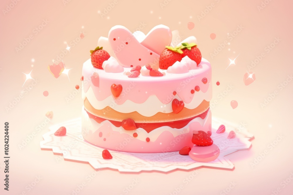A Pink Strawberry Cake with Heart-Shaped Decor and Glittering Details A Pink Strawberry Cake with Heart-Shaped Decor and Glittering Details