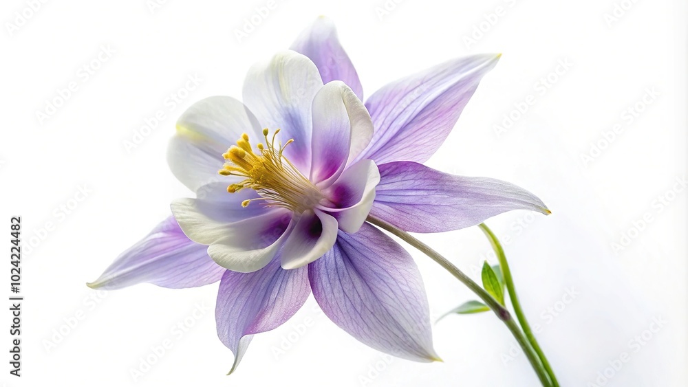 Translucent columbine flower on a white background reflected Translucent columbine flower on a white background reflected