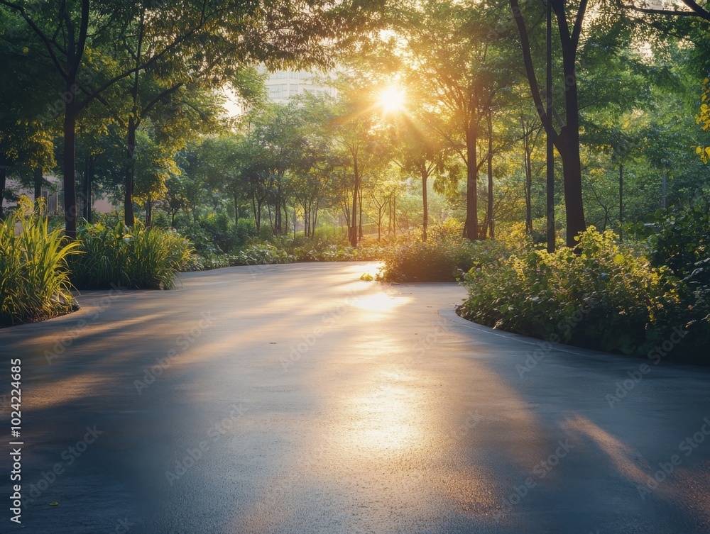 Naklejka premium 2408 27.An expansive empty street garden, featuring a smooth tarmac floor reflecting the warm light of the rising sun. The early morning rays cast gentle shadows among the trees and plants, creating