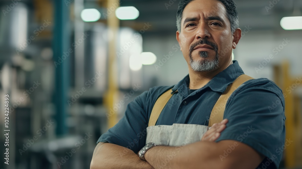 Fototapeta premium Candid shot of a confident Hispanic male factory worker with arms crossed, industrial construction industry.