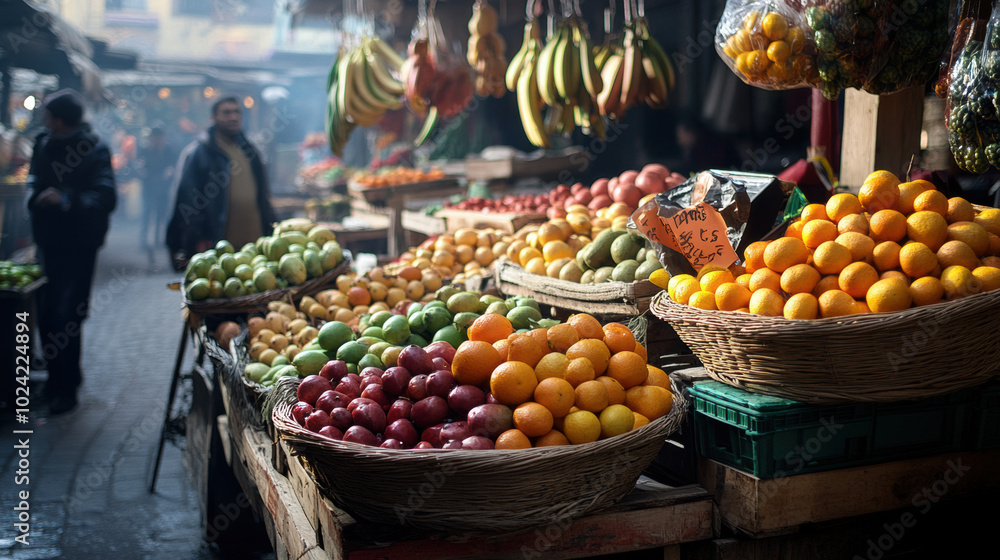 Fresh fruits are displayed in vibrant baskets at bustling street market, creating colorful and lively atmosphere. scene captures essence of local commerce and community interaction Fresh fruits are displayed in vibrant baskets at bustling street market, creating colorful and lively atmosphere. scene captures essence of local commerce and community interaction