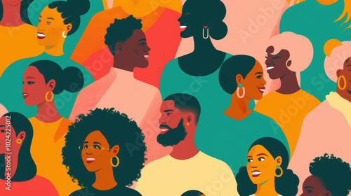 A diverse group of people from various ethnic backgrounds smiling and interacting.