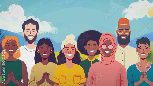 A diverse group of people from various ethnic backgrounds smiling and interacting.