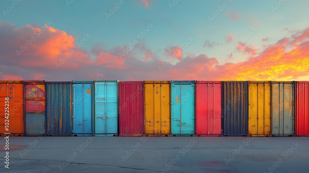 Fototapeta premium Colorful shipping containers at sunset. image